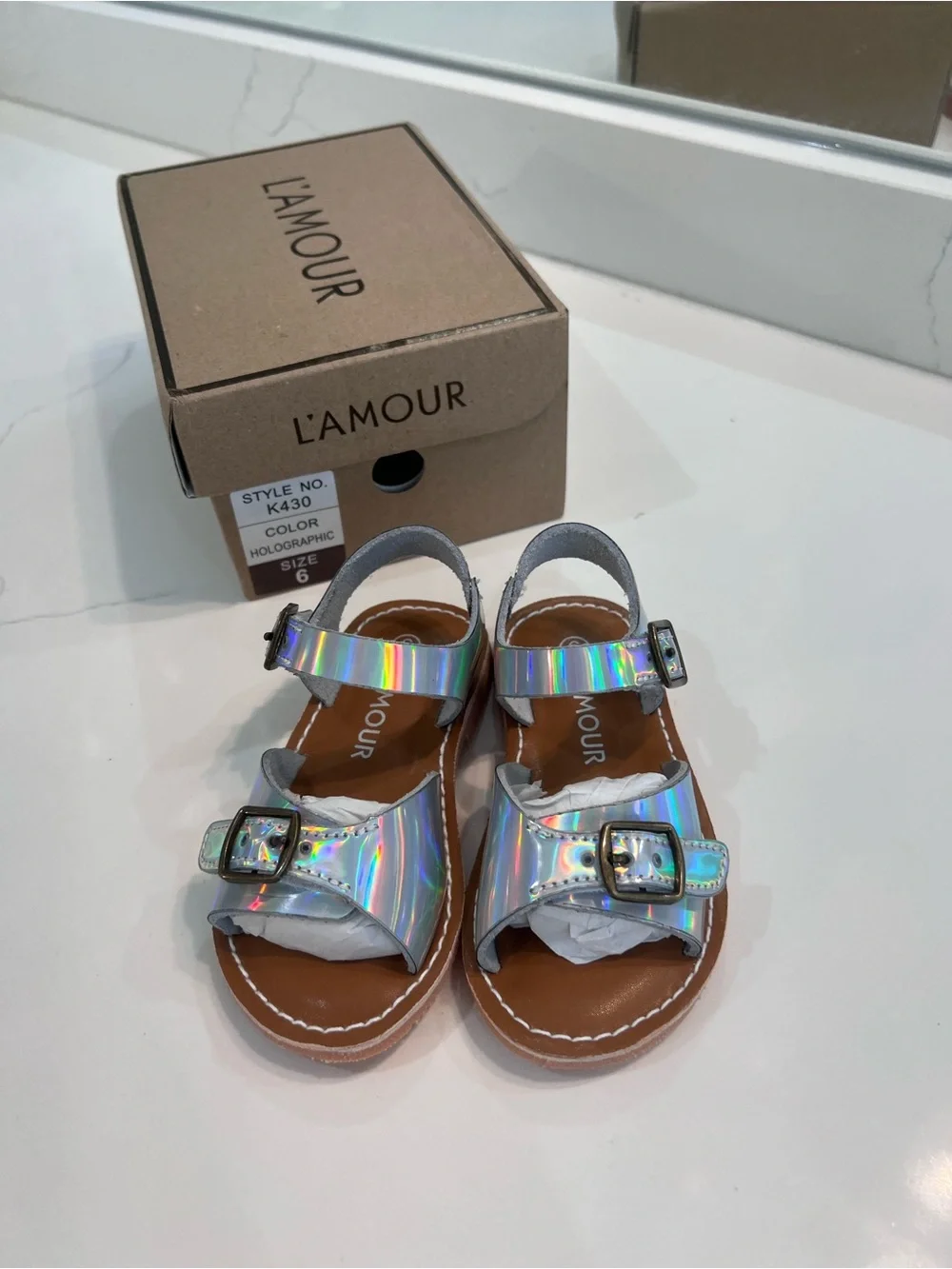 L'Amour Iridescent Holographic Buckle Sandals